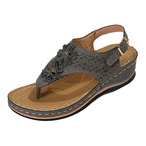 Sandalen Damen Sommer - Orthopädische Sandalen Damen, Peep Toe Keilsandaletten mit Fußgewölbestütze Freizeit Plateau Strandsandaletten Aushöhlen Flip Flop Trekkingsandalen Grau 38 von Mobanna