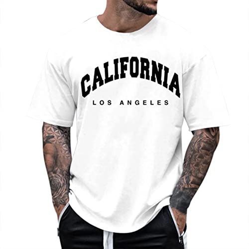 Tshirt Herren Oversize - Rundhals Kurzarm Los Angeles Tshirt, Kreativen Grafik Buchstaben T-Shirt Casual Lose Oberteile Vintage Drucken Streetwear Männer Mode Shirts Sport Tops WeiB 3XL von Mobanna