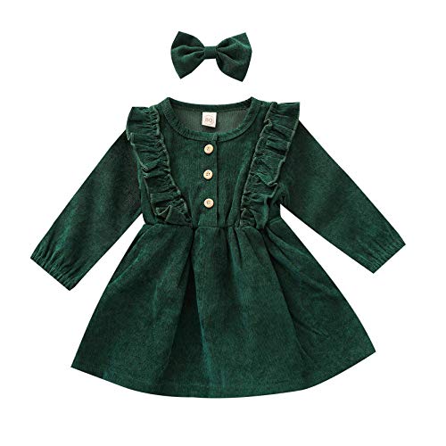 Kleinkind Baby Mädchen Cord Kleider Langarm Tutu Kleid Stirnband 2Pcs Winter Frühling Prinzessin Rock Kleidung (Dark Green,18-24 Monate) von MoccyBabeLee