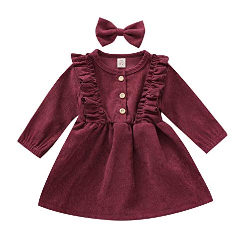 Kleinkind Baby Mädchen Cord Kleider Langarm Tutu Kleid Stirnband 2Pcs Winter Frühling Prinzessin Rock Kleidung (Wine red,4-5 Jahre) von MoccyBabeLee