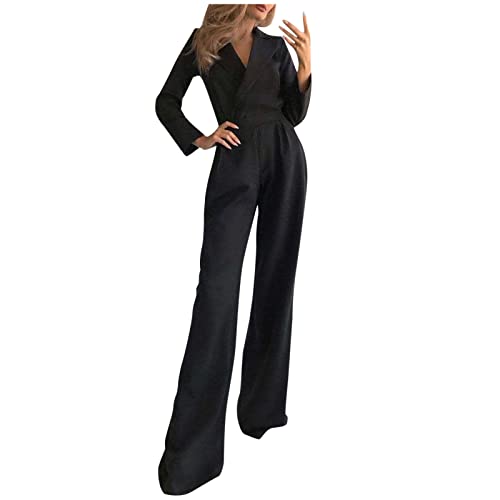 Modaworld Damen Jumpsuit Elegant Damen-Overall-Set mit langen Ärmeln schmale Passform, eleganter Overall einfarbig Langarm, V-Ausschnitt, Blusenhose Jumpsuits von Modaworld