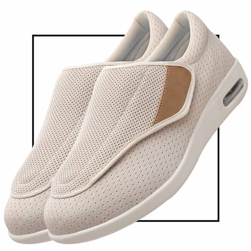 Diabetiker Schuhe Herren Casual Sportschuhe Slip On Schuhe freihändig Weit Sneaker mit Klettverschluss Breit Halbschuhe für Geschwollene Füße Senioren Bequem Reha Sandalen(Color:Beige,Size:37.5 EU) von Möge