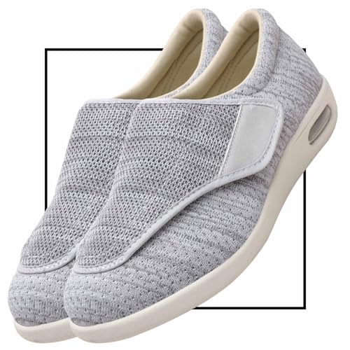 Diabetiker Schuhe Herren Casual Sportschuhe Slip On Schuhe freihändig Weit Sneaker mit Klettverschluss Breit Halbschuhe für Geschwollene Füße Senioren Bequem Reha Sandalen(Color:LightGrey,Size:42 EU) von Möge