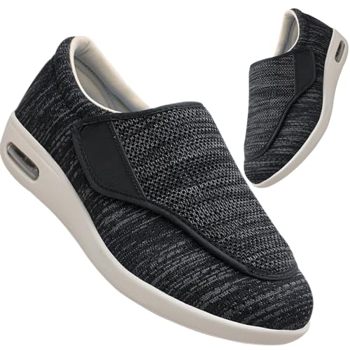 Hausschuhe mit Klettverschluss Herren Plantarfasziitis Schuhe Herren breite Passform Walkingschuhe für Diabetiker orthopädische geschwollene Füße Unterstützung leicht bequem(Color:BlackGrey,Size:45 EU von Möge