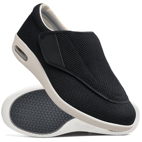 Möge Hausschuhe Klettverschluss Senioren Diabetiker Schuhe Herren Schlüpfen Schuhe für Breite Füße Weit Gesundheit Sneaker Klettverschluss Breit Halbschuhe (Color : Black, Size : 38 EU) von Möge