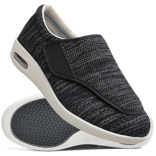 Möge Hausschuhe Klettverschluss Senioren Diabetiker Schuhe Herren Schlüpfen Schuhe für Breite Füße Weit Gesundheit Sneaker Klettverschluss Breit Halbschuhe (Color : BlackGrey, Size : 39 EU) von Möge