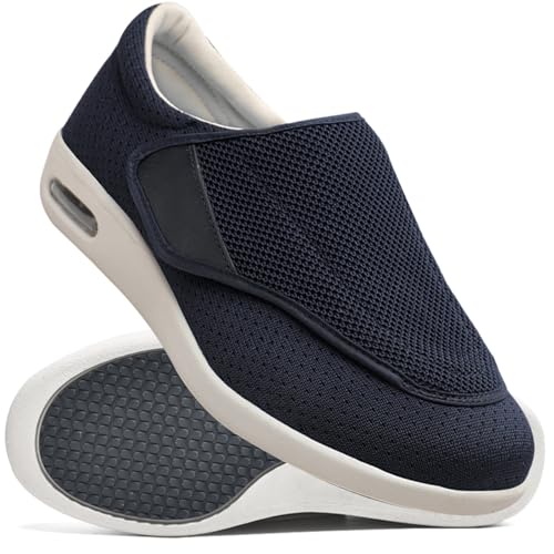 Möge Hausschuhe Klettverschluss Senioren Diabetiker Schuhe Herren Schlüpfen Schuhe für Breite Füße Weit Gesundheit Sneaker Klettverschluss Breit Halbschuhe (Color : Blue, Size : 38 EU) von Möge