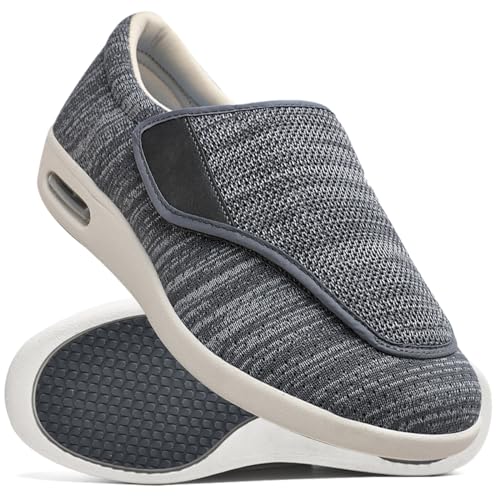 Möge Hausschuhe Klettverschluss Senioren Diabetiker Schuhe Herren Schlüpfen Schuhe für Breite Füße Weit Gesundheit Sneaker Klettverschluss Breit Halbschuhe (Color : Darkgrey, Size : 37.5 EU) von Möge