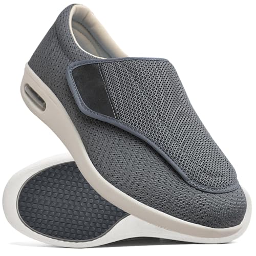 Möge Hausschuhe Klettverschluss Senioren Diabetiker Schuhe Herren Schlüpfen Schuhe für Breite Füße Weit Gesundheit Sneaker Klettverschluss Breit Halbschuhe (Color : Gray, Size : 36 EU) von Möge