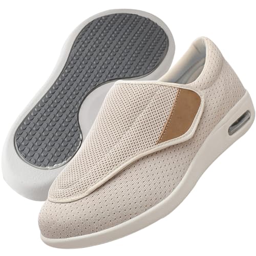 Möge Hausschuhe Senioren Herren Klettverschluss Slip On Sneaker Herren Extra Weite Freizeitschuhe für Plantarfasziitis Fußschmerzen Turnschuhe rutschfest Walkingschuhe (Color : Beige, Size : 36 EU) von Möge