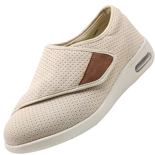 Möge Herren Klettverschluss Hausschuhe Diabetiker Schuhe Pantoletten Orthopädische Sandalen Verbandschuh Weit Verstellbare Geschwollene Füße Gesundheitsschuhe(Color:Beige,Size:42 EU) von Möge