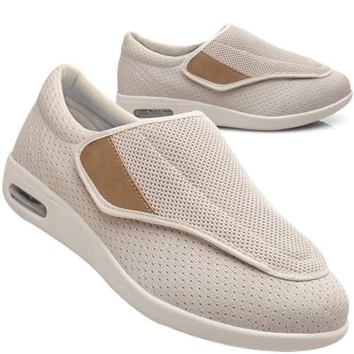 Möge Slip On Loafer für Herren Diabetiker Schuhe Herren Extra Breit Klettverschluss Schuhe Für Geschwollene Füße Leicht Gesundheitsschuhe Senioren rutschfest Turnschuhe (Color : Beige, Size : 37 EU) von Möge