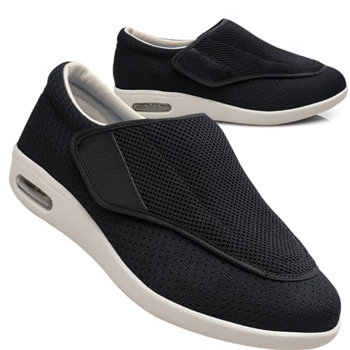 Möge Slip On Loafer für Herren Diabetiker Schuhe Herren Extra Breit Klettverschluss Schuhe Für Geschwollene Füße Leicht Gesundheitsschuhe Senioren rutschfest Turnschuhe (Color : Black, Size : 41 EU) von Möge