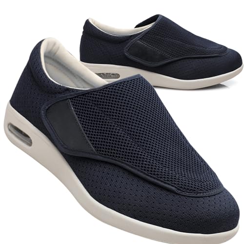 Möge Slip On Loafer für Herren Diabetiker Schuhe Herren Extra Breit Klettverschluss Schuhe Für Geschwollene Füße Leicht Gesundheitsschuhe Senioren rutschfest Turnschuhe (Color : Blue, Size : 37 EU) von Möge