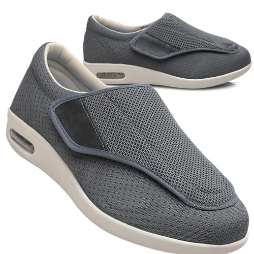 Möge Slip On Loafer für Herren Diabetiker Schuhe Herren Extra Breit Klettverschluss Schuhe Für Geschwollene Füße Leicht Gesundheitsschuhe Senioren rutschfest Turnschuhe (Color : Gray, Size : 37.5 EU) von Möge