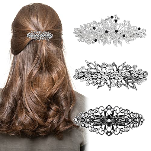 Molain 3 Stück große Haarspange mit Strasssteinen, Blumen Design, Brautschmuck Hochzeit silberfarben Kristallperlen Blumen Design Haarspange im Vintage Antik Stil für Frauen und Mädchen (Stil B) von Molain