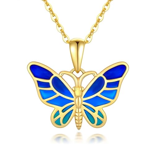 Molioaki 9k (375) Halskette Damen Gold Schmetterling Kette Damen Blau Schmetterling Anhänger Länge 45-50 cm Choker Schmuck für Frauen und Mädchen Geschenke für Freundin (Stil 2) von Molioaki