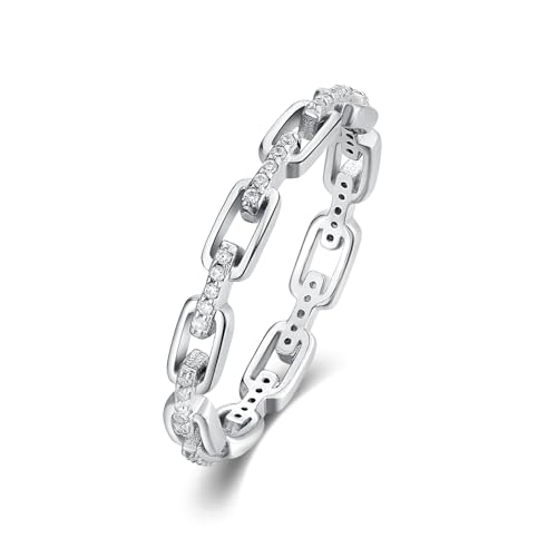 Molioaki Damen Herren Kettenring Silber 925 Cuban Link Bnadring Panzerkette Design mit Zirkonia Ketten Ring Größe 50（15.9）bis 60（19.2） Ringe für Freundschaftsring Paaring-56 von Molioaki