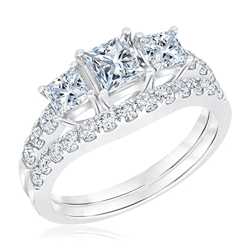 Molioaki Damen Platin überzogenes Silber Prinzessin-Schnitt 5A Zirkonoxid Ringset Schmuck für Braut Hochzeit Band Verlobungsring Trauring Ehering -52 von Molioaki