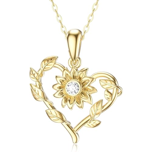 Molioaki Halskette Damen Gold 9k (375) Kette Damen mit Zirkonia Sonnenblume Herz Halskette Länge 45-50 cm Choker Geschenke für Freundin von Molioaki