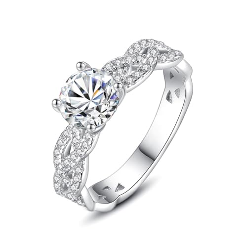 Molioaki Verlobungsring Damen Silber 925 1CT Runder Schnitt Zirkon Ringe Engagement Ring Ehering mit Geschenkbox Verlobung Damen Solitär Personalisierte Geschenkmit Größe 54 von Molioaki