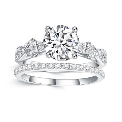 Molioaki Verlobungsring Damen Silber 925 1.5CT Runder Schnitt Zirkonia Ringe mit Marquiseschliff Seitensteine Ehering Trauring mit Geschenkbox Verlobung Hochzeit Geschenk-60 von Molioaki