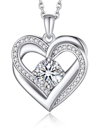 MomentWish Halskette Damen Doppelherz, Geschenk für Mama, 1 Karat Moissanite Kette Silber 925 mit Herz Anhänger Geschenk für Frauen Freundin (45+5cm) von MomentWish