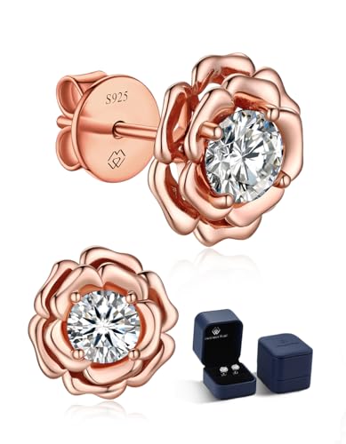 MomentWish Ohrringe Rosegold, 1 Karat Moissanite Diamant Ohrstecker Silber 925 Blumen Nickelfrei Damen Ohrringe Rose Valentinstag Liebes Jahrestag Geschenk für sie mit Geschenkbox 5mm von MomentWish