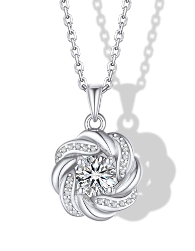 MomentWish Liebesknoten Halskette Damen, Mama Geschenk Muttertag, 1 Karat Moissanite Diamant Kette Silber 925 mit Diamant Halo Anhänger mit Geschenkbox für Frauen Freundin von MomentWish