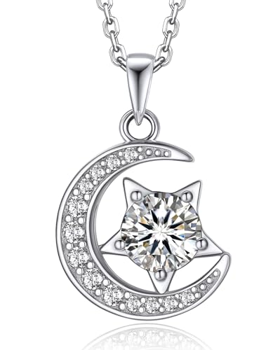 MomentWish Mond und Stern Halskette, 1 Karat Moissanite Diamant Halskette Damen Silber 925 Kette für Frauen simulierte Geschenk mit GRA Zertifikat von MomentWish