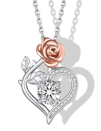 MomentWish Rose Herz Halskette, Muttertag Geschenk, 1 Karat Moissanite Liebe Halskette 925 Sterling Silber Blume Halskette Geburtstag Jubiläum Schmuck Geschenke von MomentWish