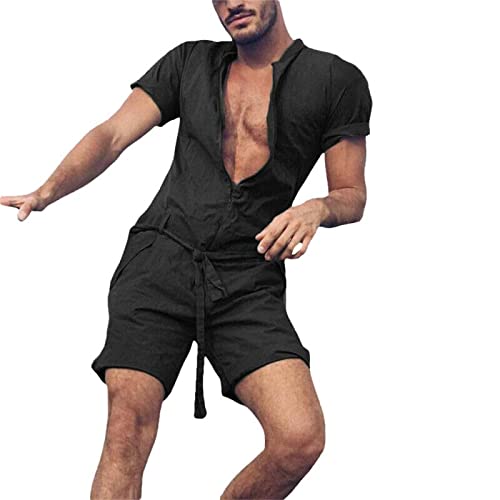 Herren Kurze Jumpsuit für Sommer, Herren Kurzarm Strampler Overall Loose Fit Jogginghose Kurze Hose Overall Onesie Sommerjumpsuit Schlafanzug Jogginganzug von Momolaa