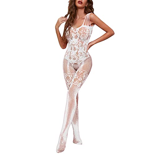 Netz-Bodystocking Nylon Sexy Dessous für Frauen Ganzkörperstrumpf Body mit offenem Schritt Ganzkörper-Fischnetzstrümpfe Dessous Damen Oberteil (White, One Size) von Momolaa