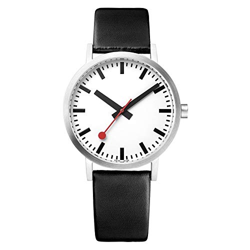 Mondaine Offizielle Schweizer Bahnhofsuhr Classic Pure Damen-/ Herren-Uhr, Weisses Zifferblatt mit Schwarzem Lederarmband von Mondaine