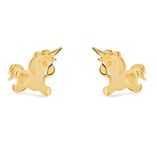 Damen & Kinder Einhorn Ohrstecker - Gelbgold 9 Karat (375) - Geschenkbox - Garantiezertifikat von Monde Petit