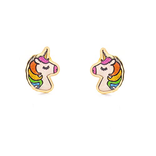 Damen & Kinder Emaille Einhorn Ohrstecker - Gelbgold 9 Karat (375) - Geschenkbox - Garantiezertifikat von Monde Petit