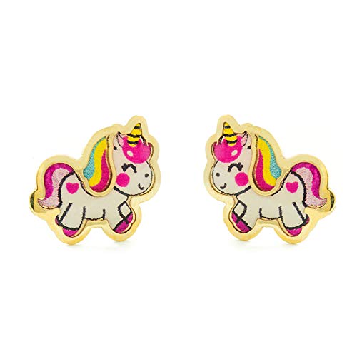 Damen & Kinder Emaille Einhorn Ohrstecker - Gelbgold 9 Karat (375) - Geschenkbox - Garantiezertifikat von Monde Petit