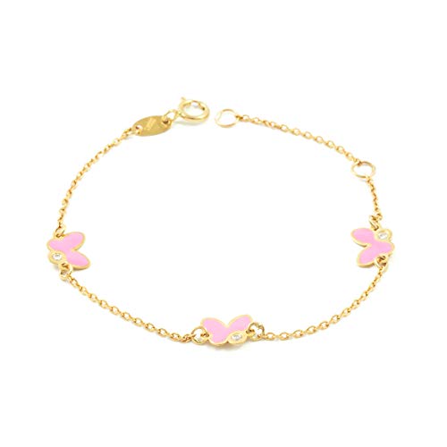 Monde Petit Damen & Kinder Rosa emaillierter Schmetterlinge Armband - Gelbgold 9 Karat (375) - Geschenkbox - Garantiezertifikat von Monde Petit