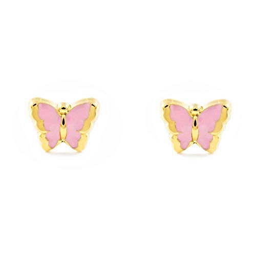 Damen & Kinder rosa Schmetterlings Ohrstecker - Gelbgold 9 Karat (375) von Monde Petit