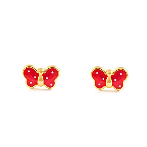 Monde Petit T1663P - Pendientes de bebe/niña oro 18 kts. mariposa esmaltada, color rojo - Geschenkbox - Garantiezertifikat von Monde Petit