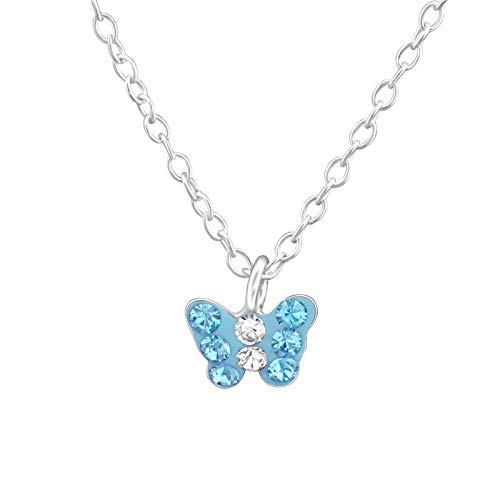 Monkimau Mädchen Halskette Mini Schmetterling Anhänger aus 925 Sterling Silver echt Silber mit 8 Hell Blauen Swarovski Kristallen 39cm Kette von MONKIMAU