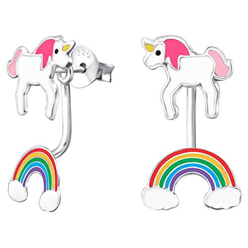 Monkimau Mädchen Ohrringe Einhorn Doppel Ohrstecker aus 925 Sterling Silver echt Silber mit Regenbogen von MONKIMAU