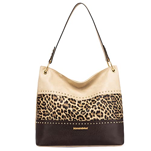 Montana West Hobo Bag Geldbörsen und Handtaschen für Damen mit Tragegriff oben mit Taschen und Reißverschluss, B-Beige/Leopard/Kaffee, Large von Montana West