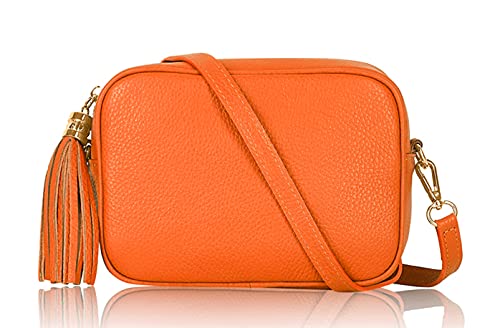 Montte Di Jinne - 100 % Made in Italy – Schultertasche, weiches Leder, mit Quasten-Schlüsselanhänger, Orange, Length: 20cm Height: 15cm,Width: 8cm von Montte Di Jinne