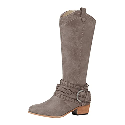 ERALP Damen Cowboystiefel Mit Klobiger Ferse Vintage Aushöhlen Schnalle Stiefel Für Frauen Knie Mittlere Wadenstiefel Wildleder Pu-Leder Spitze Zehe Reißverschluss Westernstiefel,Khaki,40 von ERALP