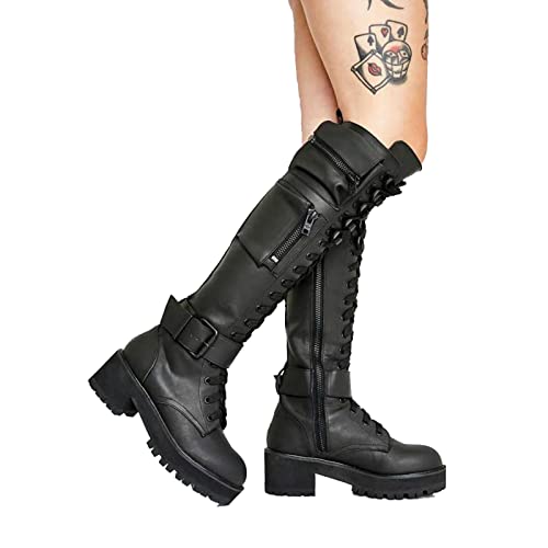 Mooke Kniehohe Stiefel Für Damen - Vintage Runde Zehe Klobige Absatz Schnürung Reißverschluss Ritterstiefel Mit Seitlicher Schnalle - Goth Punk Pu Leder Plattform Stiefel Party Cosplay,Schwarz,43 von Mooke