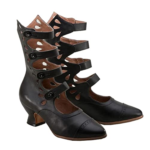 Mooketp1 Vintage Viktorianische Stiefel Mit Spitzer Zehenpartie Für Damen-Gothic-Schuhe Mit Mittlerer Wade Ausgehöhlte Schuhe Königliche Edle Klobige Absätze Schwarze Sommerstiefel Im Lolita-Stil,41 von Mooketp1