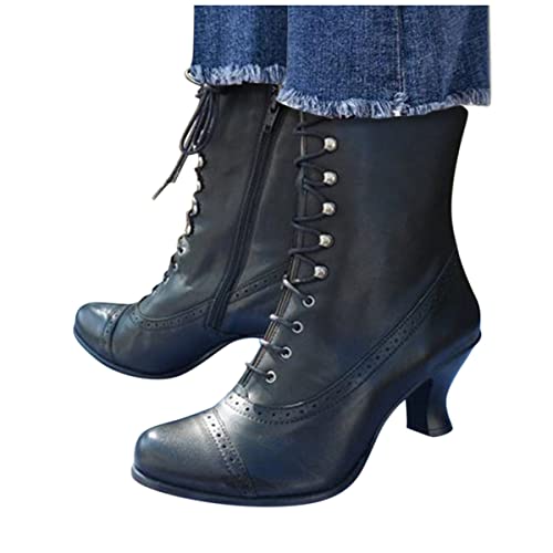 Vintage Gothic Damen Stiefeletten - Kreuzschnürung Mit Spitzem Zeh, Niedrige Absätze, Halbhohe Stiefel, Party, Viktorianische Stiefel, Stiefel Mit Mittlerem Absatz,Schwarz,40 von Mooketp1