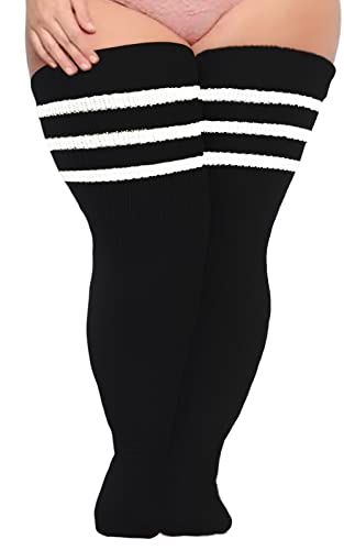 Damen Oberschenkelhohe Socken in Übergröße für dicke Oberschenkel, extra lang, gestreift, dick, Overknee-Strümpfe, Beinwärmer, Stiefelsocken, Schwarz und Weiß, Large von Moon Wood