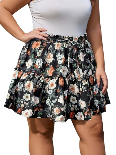 Damenrock in Übergröße, fließender Blumenrock, lässig, Boho, hohe Taille, Rüschen, gestuft, Mini-Skaterrock mit Shorts, Floral03, 5XL Damenrock in Übergröße, fließender Blumenrock, lässig, Boho, hohe Taille, Rüschen, gestuft, Mini-Skaterrock mit Shorts, Floral03, 5XL von Moon Wood